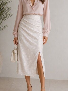 Zara Cream Floral Midi Skirt with Side Slit